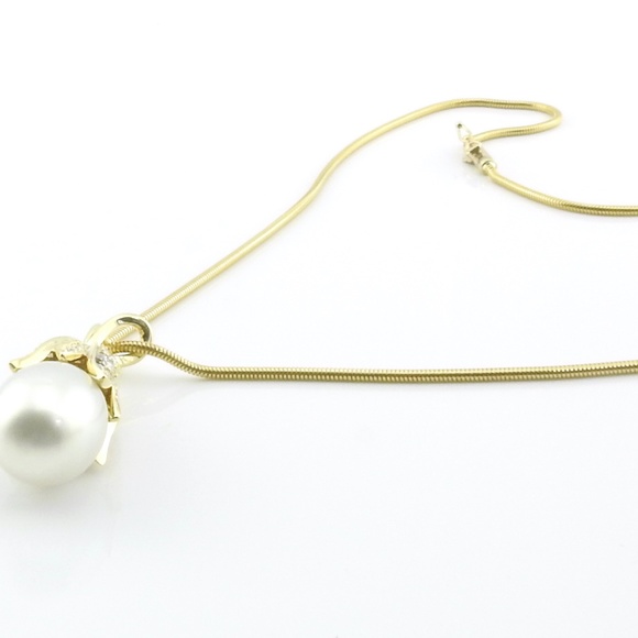 Vintage 18K Yellow Gold Pearl and Diamond Bell Flower Pendant Necklace #1469 - Picture 5 of 9